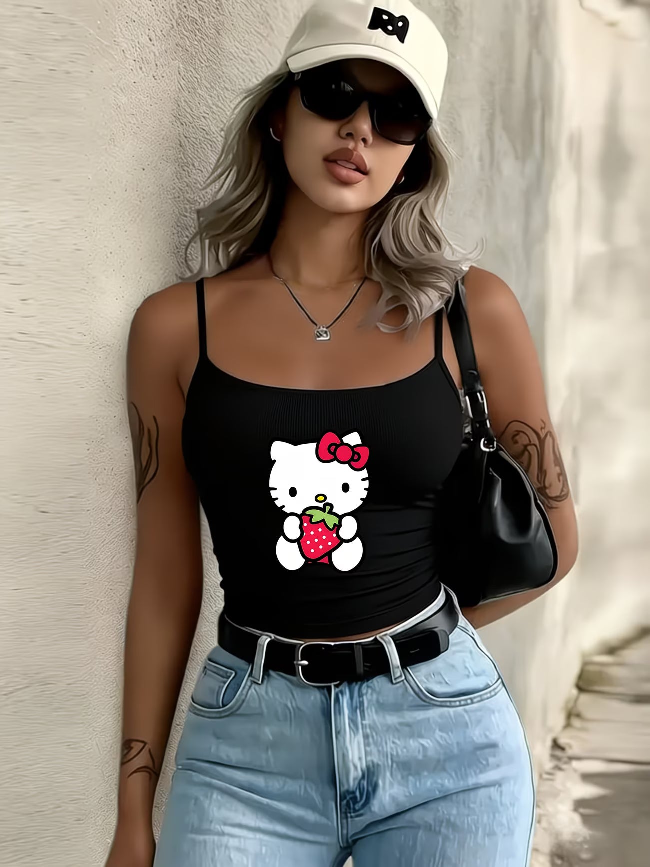 Y2K Aesthetic: Cute Hello Kitty Graphic Black Cropped Tank Top