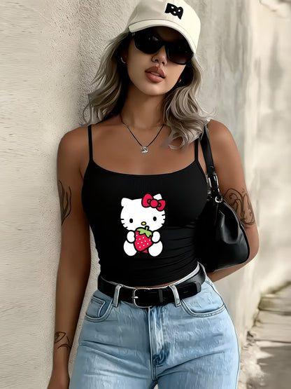 Y2K Aesthetic: Cute Hello Kitty Graphic Black Cropped Tank Top