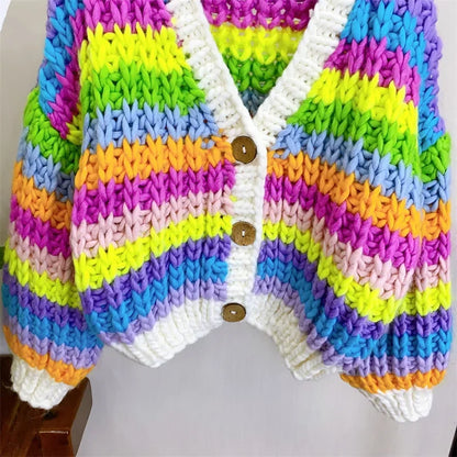 2025 Autumn Winter Cardigan Coat for Women – High Quality V-Neck Colorful Print Knitted Long Sleeve Casual Outerwear