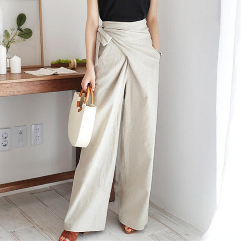 Linen Straight-Leg Trousers with Lace Accents – Elegant Casual Pants