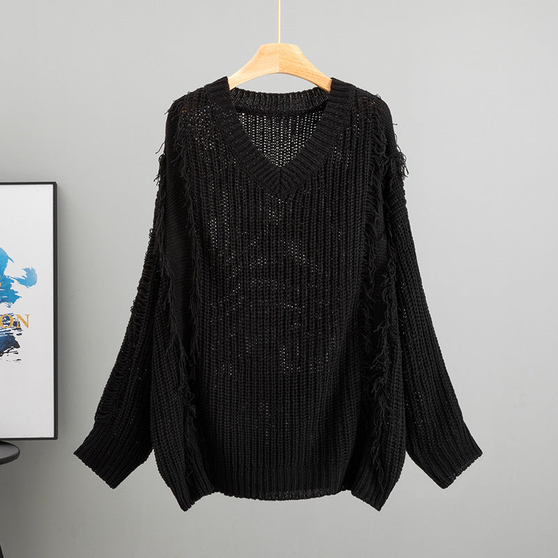 Loose V-neck Tassel Female Idle Style Long Sleeve Pullover Top