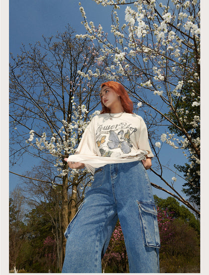 New Cat And Butterfly Love Graphic Multi Color Summer T Shirts