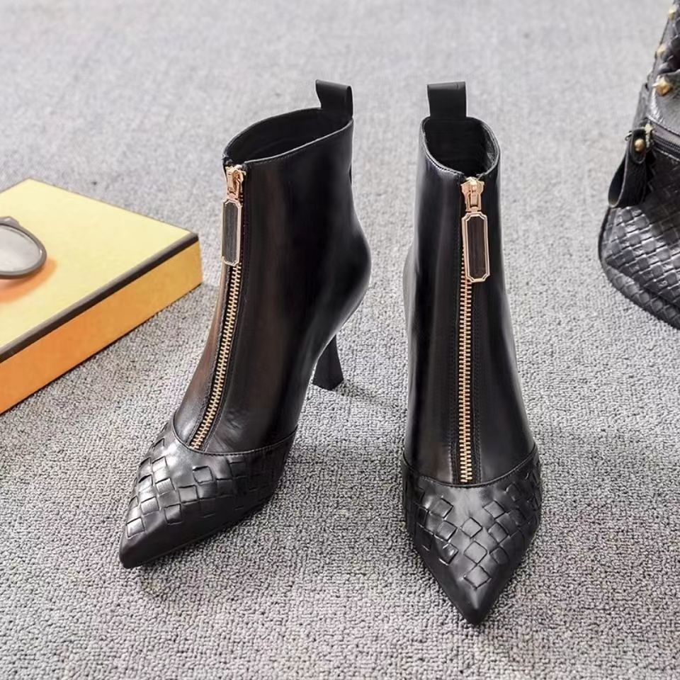 New Brand Quality Leather Chunky High Heels Ankle Boots Front Zipper Square Toe Dress Party Work Shoes