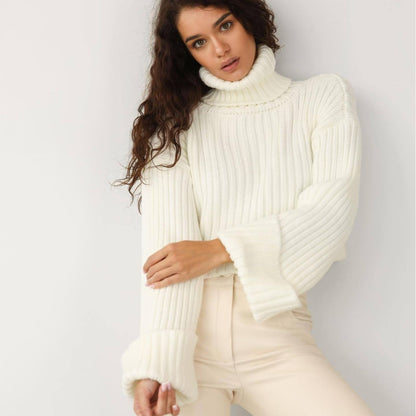 Thick Ultra-Short Pullover Style Women's Striped Turtleneck Sweater
