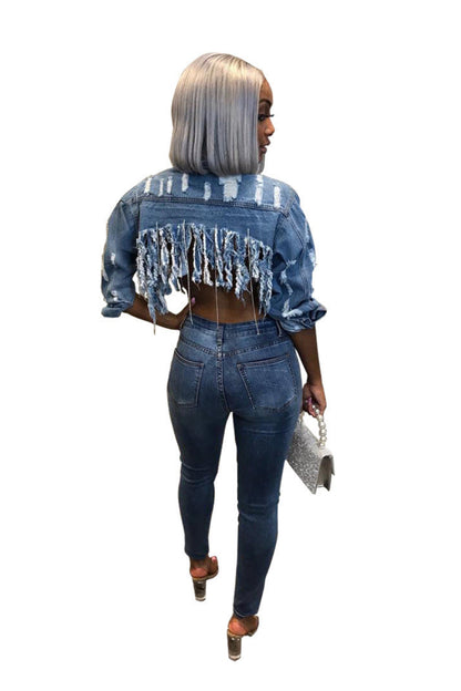 Trendy Cropped Denim Jacket for Women – Slim Fit Street Style Layer