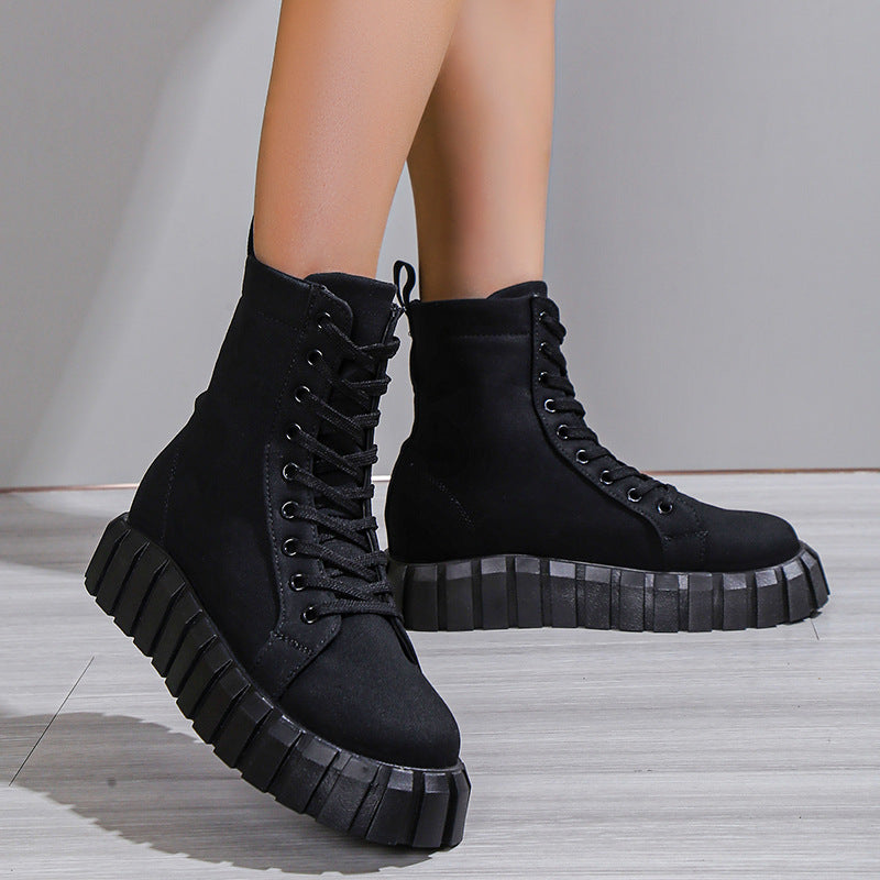 Leopard Print Platform Martin Boots for Women | Suede Mid-Heel Street Style Boots