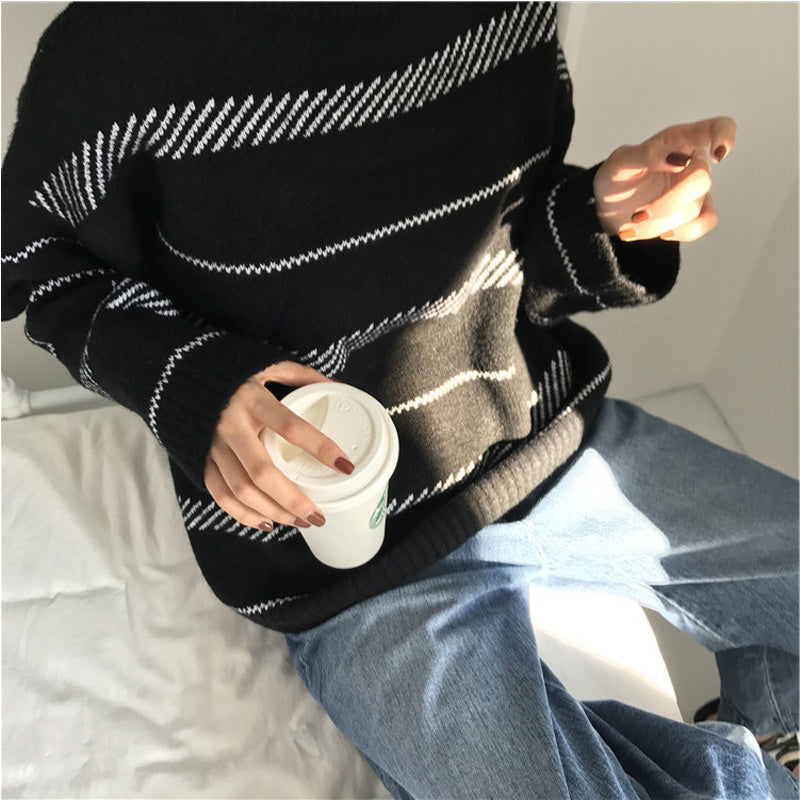 Women’s Retro Striped Turtleneck Sweater – Classic Knit Pullover
