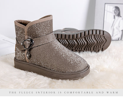 Slip-On Fleece-Lined Snow Boots for Women | Mid-Top Ankle Winter Boots with Sequin Detail