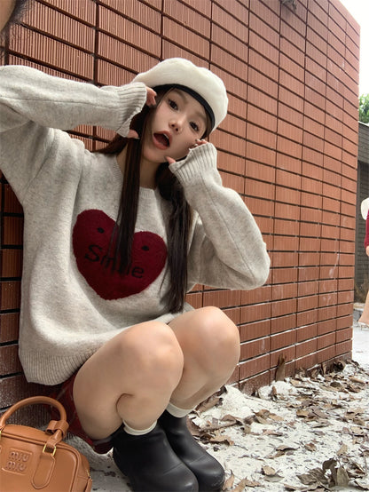 Love Jacquard Pullover Sweater – Sweet & Cozy Style for Women