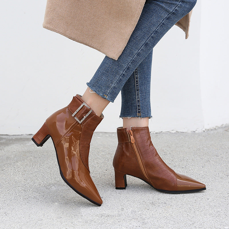 Compact High Platform Heel Leather Women Ankle Boots