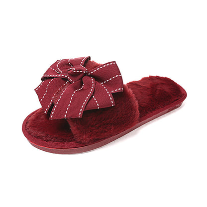 Furry Suede Women’s Slippers with Ribbon – Cozy Indoor Elegant Footwear