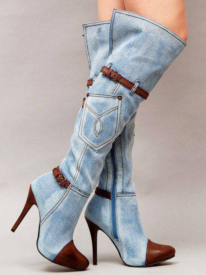 Western Cowgirl Style Denim Long Knee High Boots