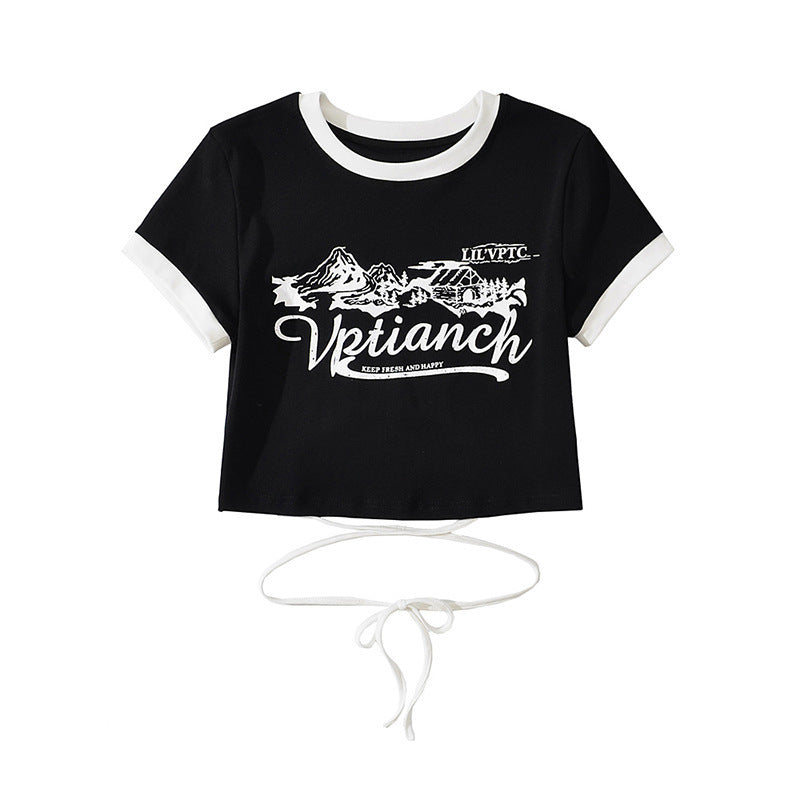 Women’s Print Front Contrast Trim Crop Tee – Y2K Streetwear Lace-Up Back Top