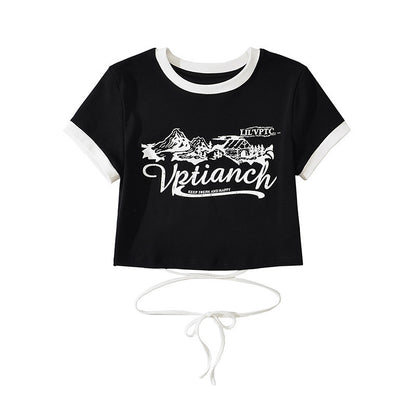 Women’s Print Front Contrast Trim Crop Tee – Y2K Streetwear Lace-Up Back Top
