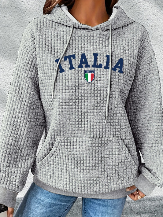 Gray textured hoodie with 'ITALIA' and Italian flag design on a neutral background