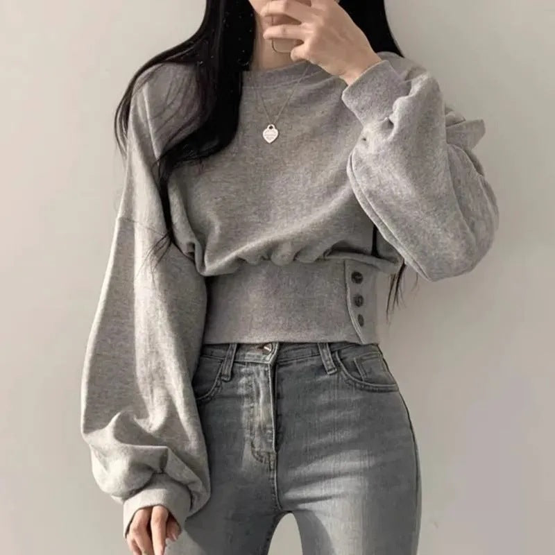 Autumn Crew Neck Buttoned Short Pullover Sweatshirt for Women