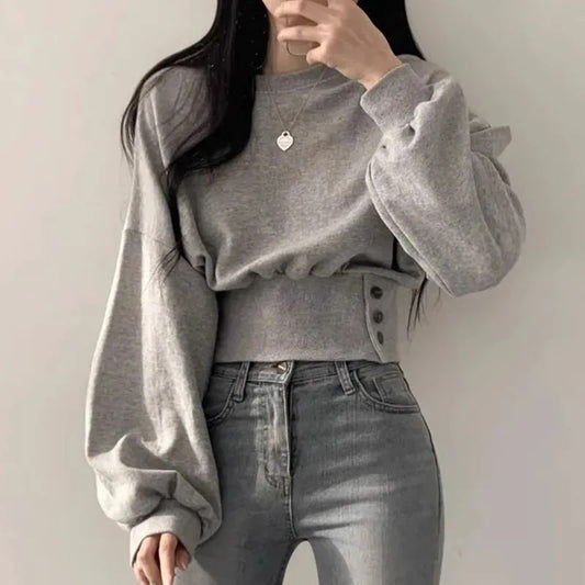 Autumn Crew Neck Buttoned Short Pullover Sweatshirt for Women
