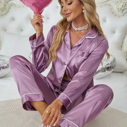 Women S Satin Pajama Set Flamingo Print 2 Piece Sleepwear Autumn Lapel Collar Button Up Top Pants For Home