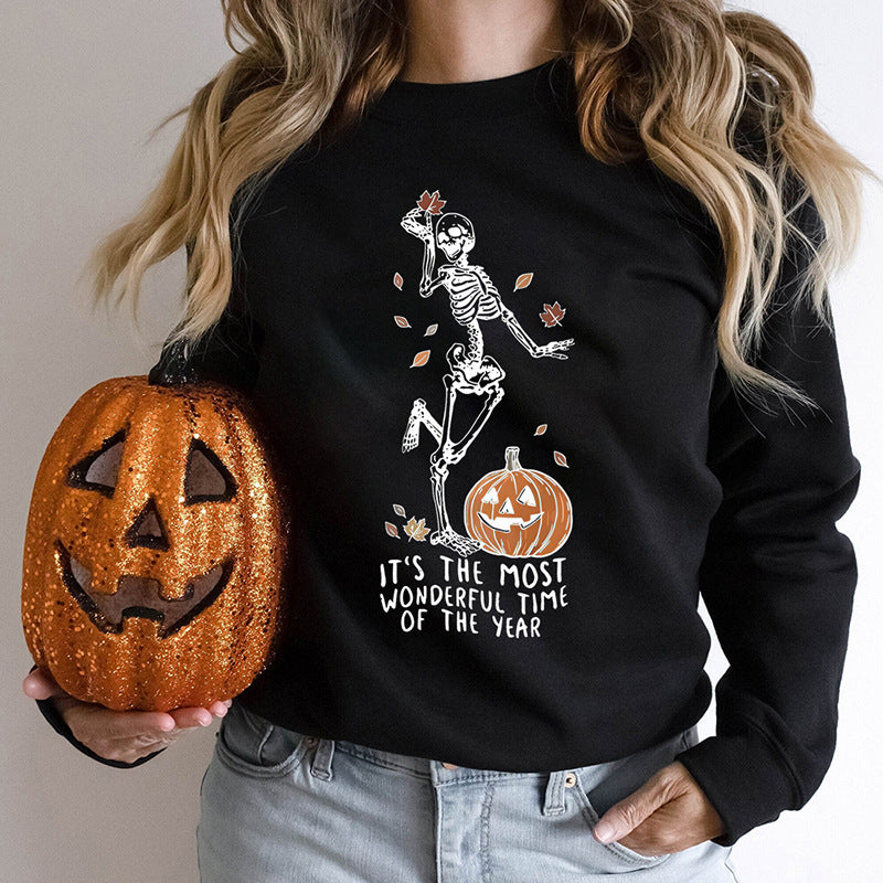 Halloween Skeleton Pumpkin Sweatshirt – Casual Loose Printed Pullover for Women