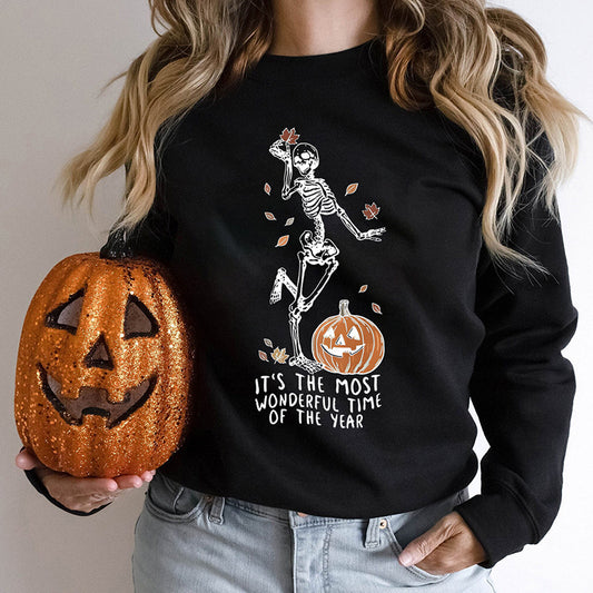 Halloween Skeleton Pumpkin Sweatshirt – Casual Loose Printed Pullover for Women