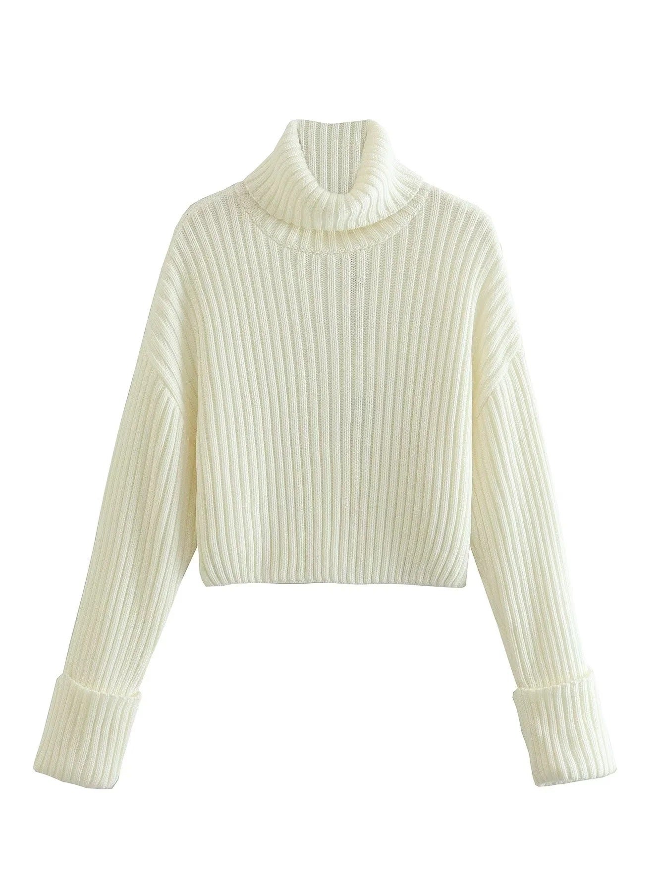 Thick Ultra-Short Pullover Style Women's Striped Turtleneck Sweater