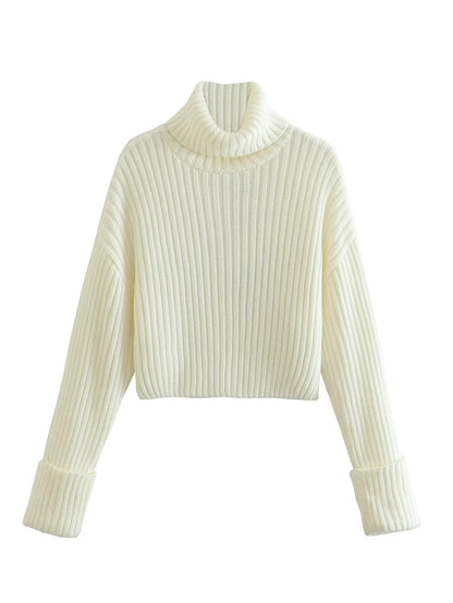 Thick Ultra-Short Pullover Style Women's Striped Turtleneck Sweater