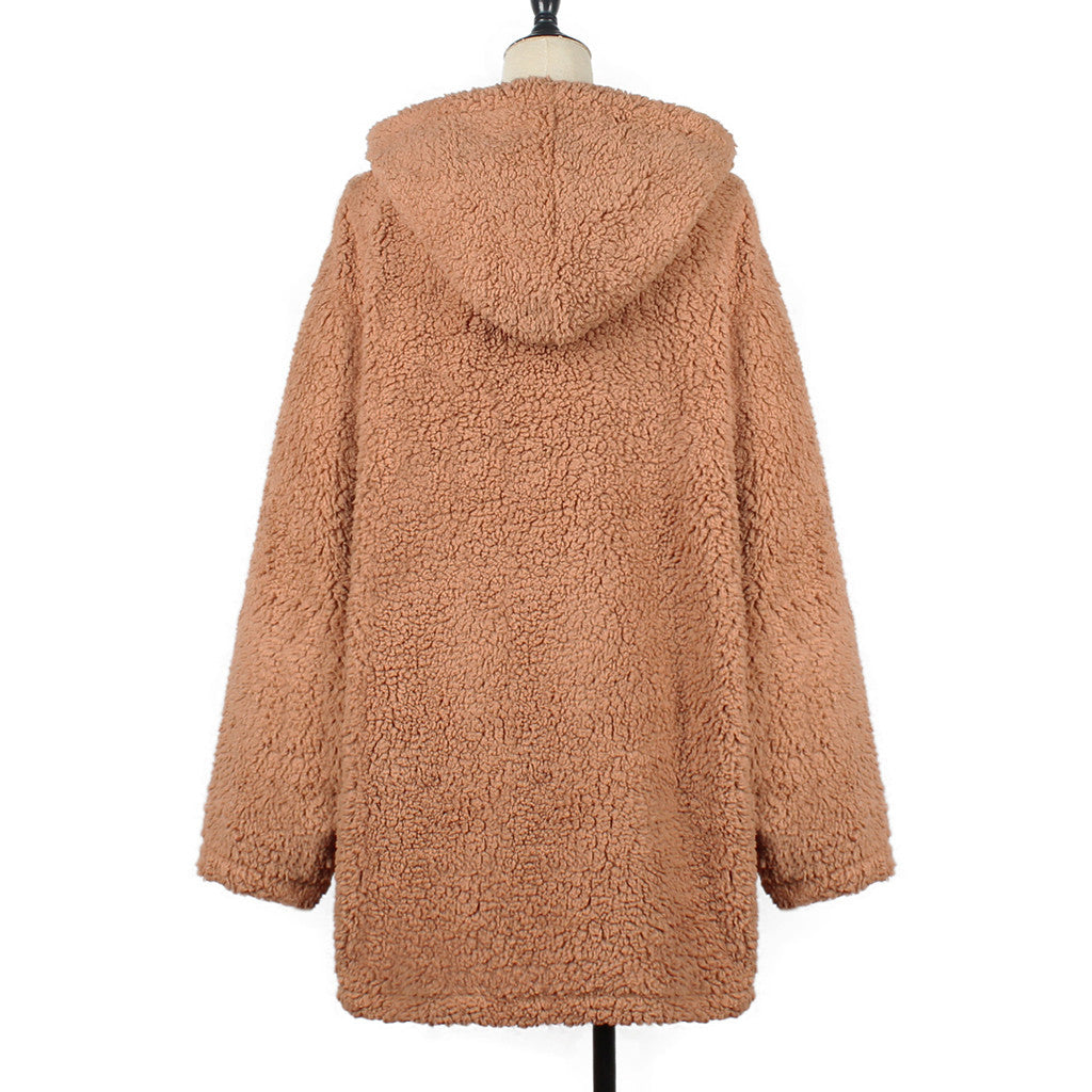 Plush Imitation Fur Hoodie – Fashionable Flip Hat Jacket for Autumn & Winter