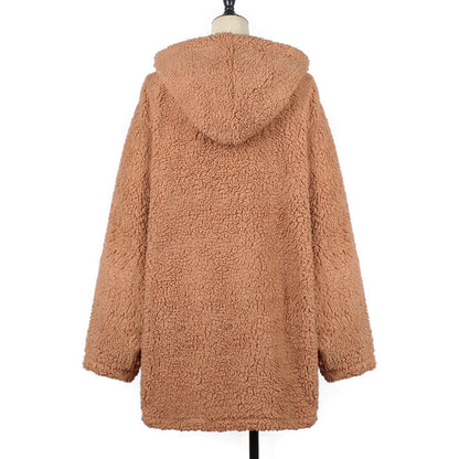 Plush Imitation Fur Hoodie – Fashionable Flip Hat Jacket for Autumn & Winter