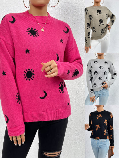 Jacquard Crewneck Skull Halloween Pullover Sweater for Women