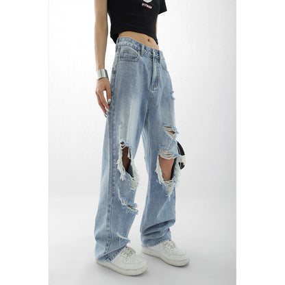 Light Blue Knee Ripped Full Length Women Jeans