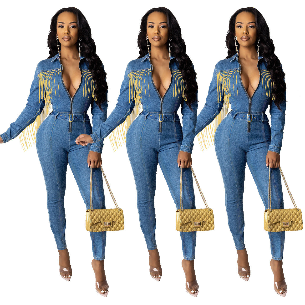 Double Pocket Half Open Denim Jumpsuit Chest Splicing Slim Fit