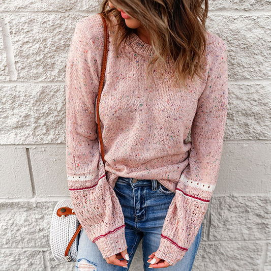 Chic Pink Hollow-Out Knit Pullover – Long Sleeve Urban Sweater for Women