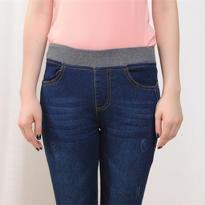 Plus-Size Velvet-Lined Pencil Jeans – Warm High-Stretch Winter Pants
