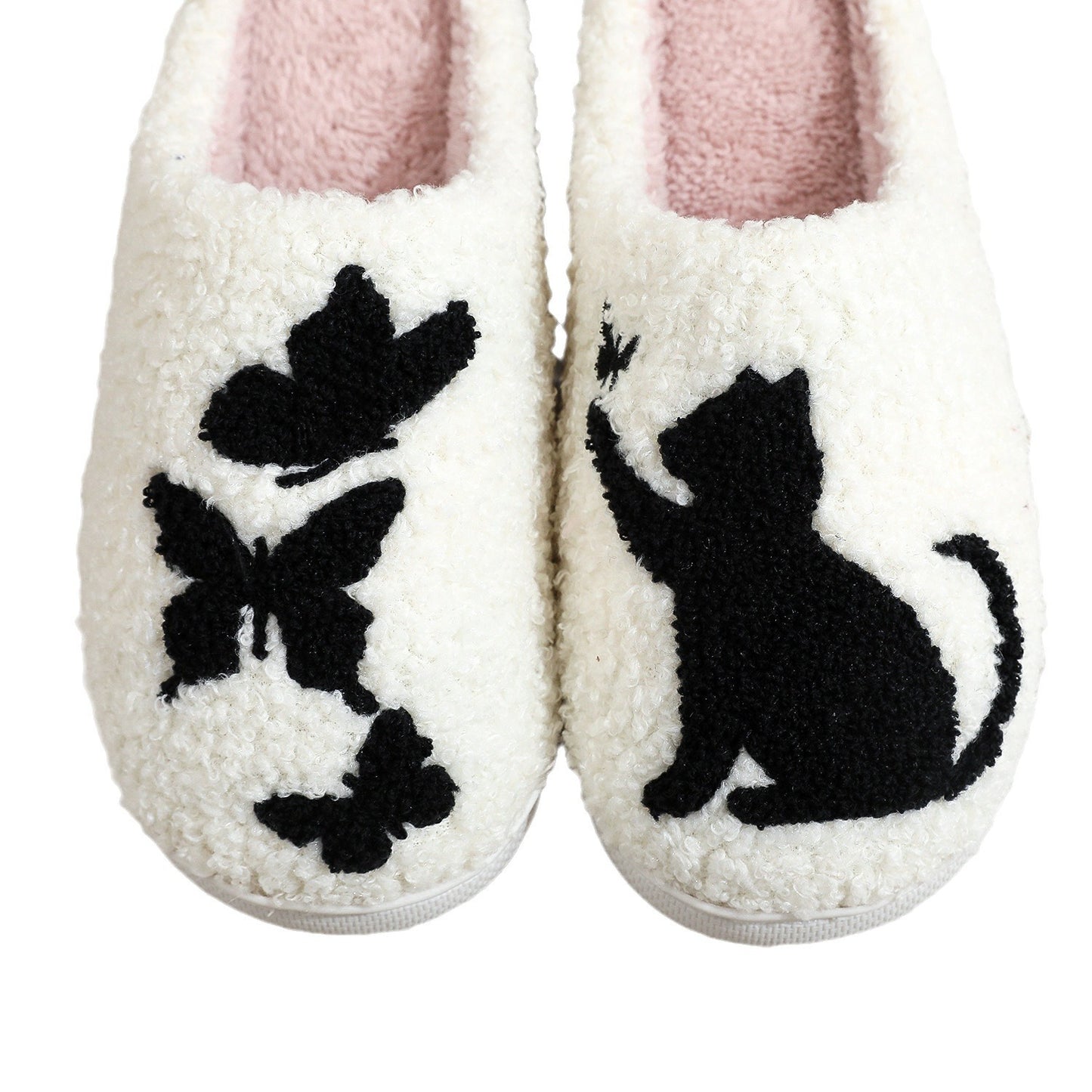 Unisex Winter Cotton Slippers – Embroidered Butterfly Cat Cozy Indoor Shoes