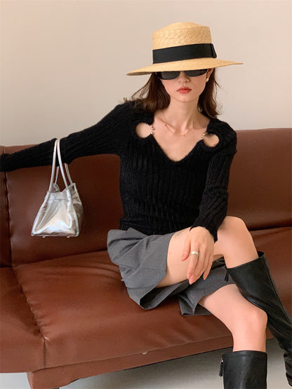 Black Fashion Knitwear V-Neck Sweaters for Women – Cozy Pullover, Stylish Winter & Fall Outfit