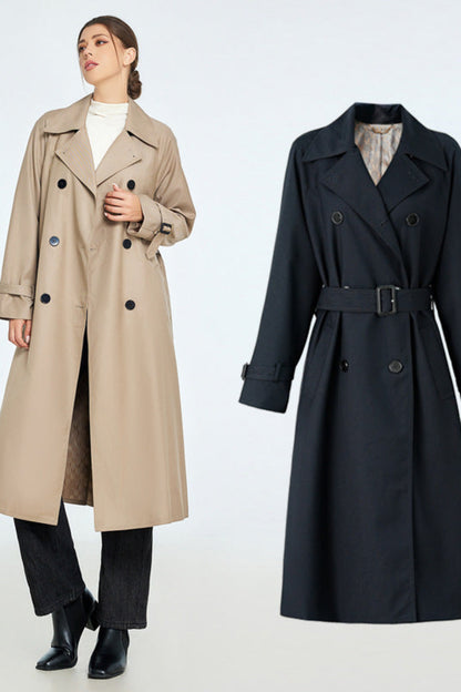 Beige and black trench coats displayed on a white background