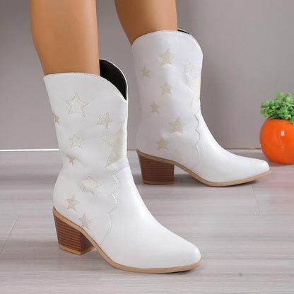 Embroidered Leather Knight Boots for Women | Chunky Heel Western Cowgirl Boots