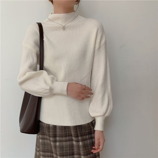 Apricot Sweet Long Sleeve Pullover for Women – Slim Fit, Bubble Sleeves, Knitted Wool Sweater