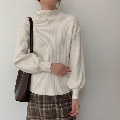 Apricot Sweet Long Sleeve Pullover for Women – Slim Fit, Bubble Sleeves, Knitted Wool Sweater