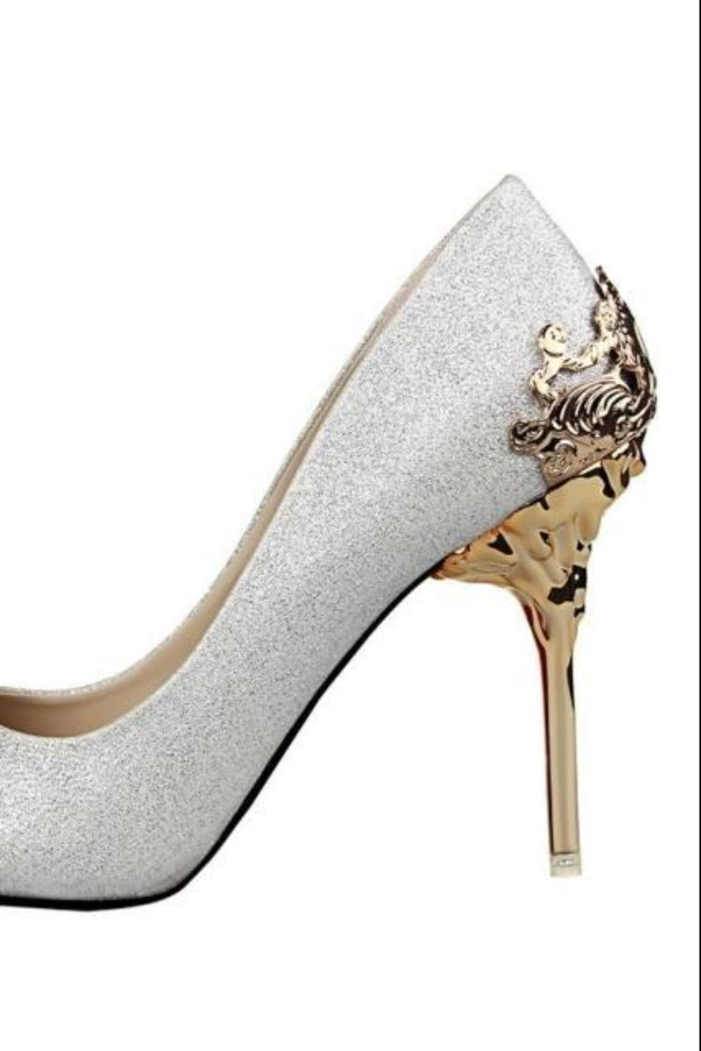 Silver glitter high heel shoe with a decorative gold heel on a white background