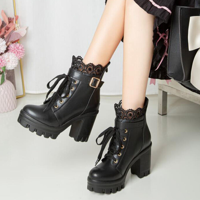 Lace-Up Ankle Boots for Women | Martin-Style PU Leather Boots with Square Thick Heel & Waterproof Platform
