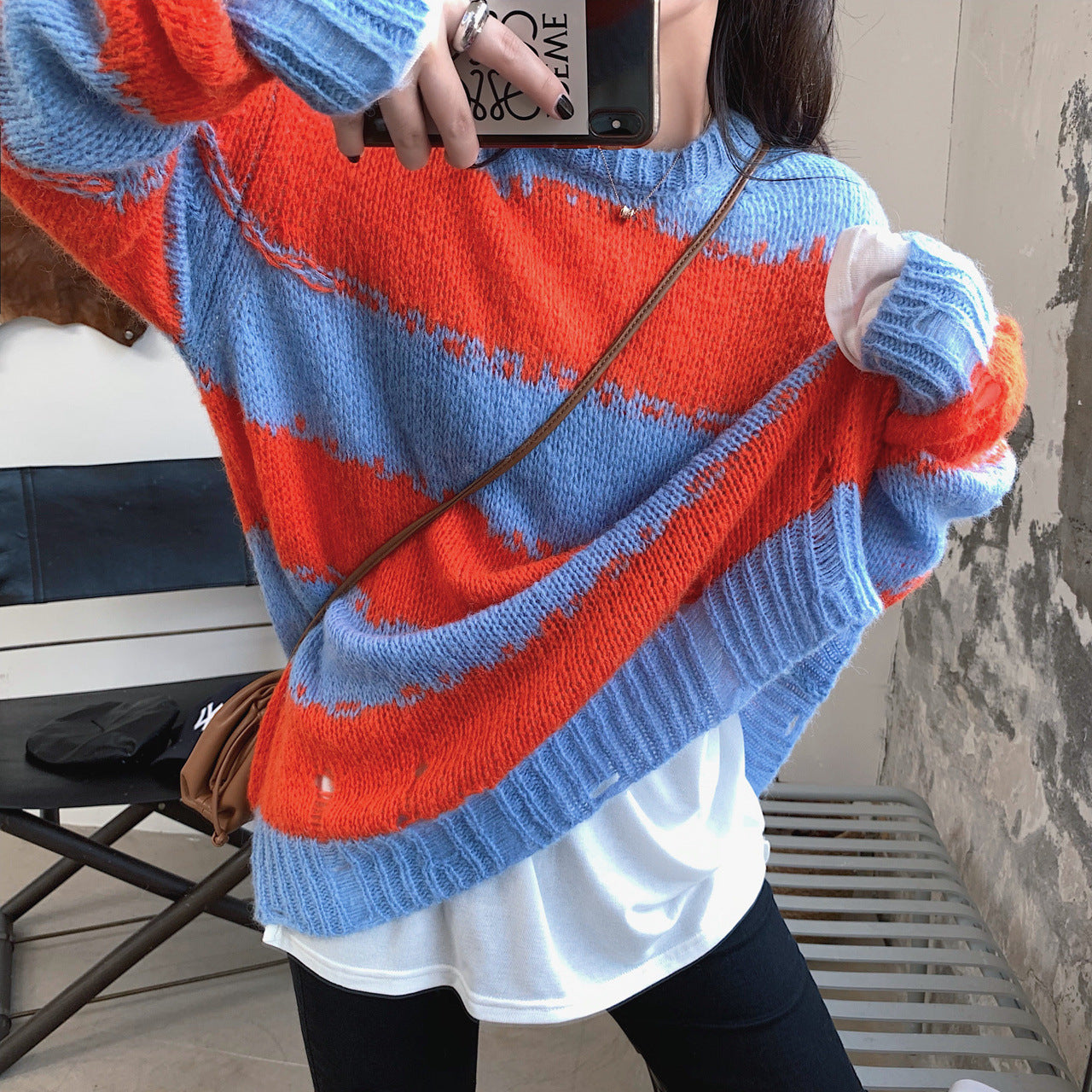 Multicolor Striped Loose Sweater – Casual Round Neck Knit Pullover for Women