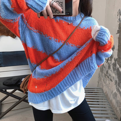 Multicolor Striped Loose Sweater – Casual Round Neck Knit Pullover for Women