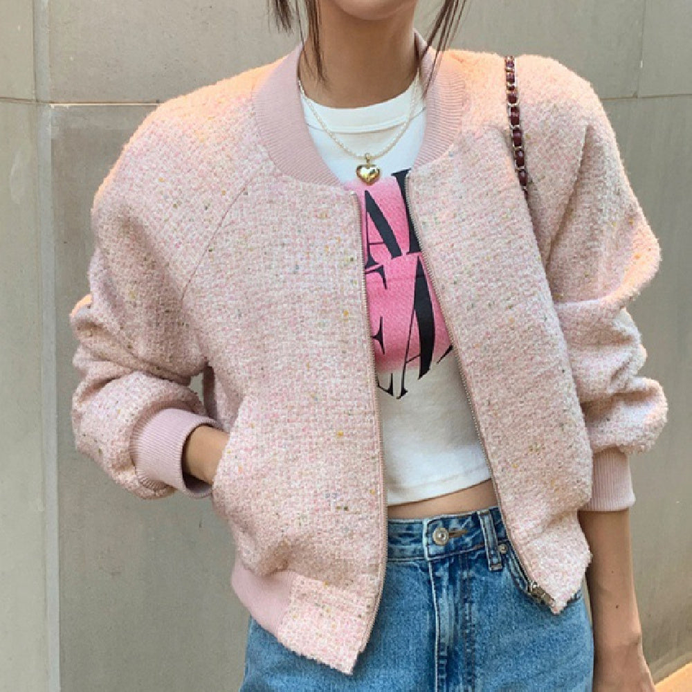 Korean Office Style Round Neck Tweed Jacket