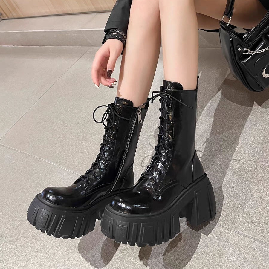 Womens Black Leather Mid Calf Boots