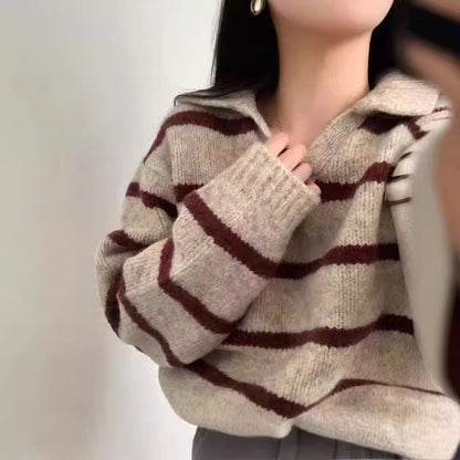 Fall & Winter Lapels Contrast Color Striped Pullover Sweater for Women