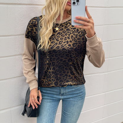 Long Sleeve Round Neck Leopard Print Sweater Top for Women