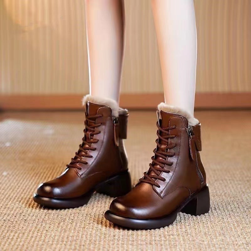 Thick-Bottom Ankle Boots for Women | Chunky Heel PU Leather Round Toe Boots