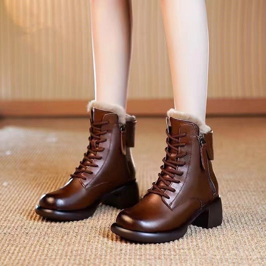 Thick-Bottom Ankle Boots for Women | Chunky Heel PU Leather Round Toe Boots