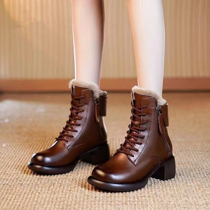 Thick-Bottom Ankle Boots for Women | Chunky Heel PU Leather Round Toe Boots